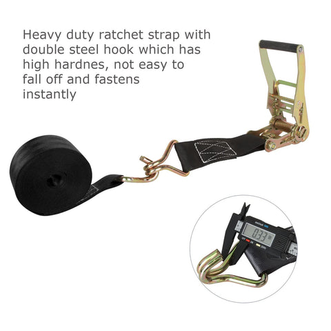 Heavy Duty 2 Inch Ratchet Straps Set, 20 Feet Long With Double J Hooks, 8000 Lbs Break Strength, Built To Haul Rugged Cargo Tie Downs For Moving, Trucks, Trailers, Motorcycles, Kayaks, And Car Roof Racks, shown with digital measurement.