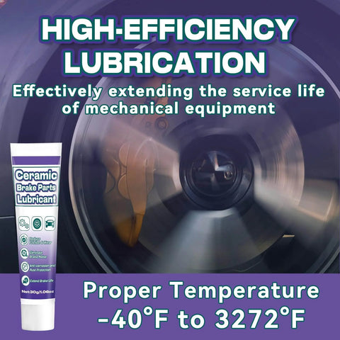 Premium Ceramic Brake Grease With Brush For Calipers Pins And Pads Quiet Heat Resistant Automotive Lubricant Reducing Squeal Friction And Rust On Metal Parts Easy Application 1oz tube displayed next to spinning machinery to demonstrate high-efficiency lubrication and thermal resistance.