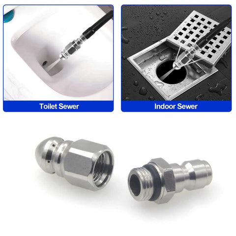 Stainless Steel Sewer Jetter Nozzle For Pressure Washers, One Quarter Inch Quick Connect, Compact Durable Drain Pipe Cleaner