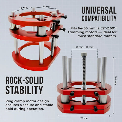 Adjustable Insert Plate Router Lift With Double Stainless Steel Support Rods For 64 To 66 Millimeter Trimming Machine Aluminum Under Table Base Hella Durable Badass Precision Woodworking Upgrade In Vibrant Red, showing side view with labeled dimensions.
