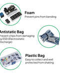 Components from Uno R3 Project Starter Kit With Over 200 Components And 63 Modules Includes A 30 Lesson PDF Tutorial shown with packaging