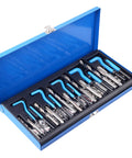 Open blue case showing All-In-One 131-Piece SAE Thread Repair Kit with HSS Drill Helicoil Inserts, taps, and tools for multiple thread sizes.