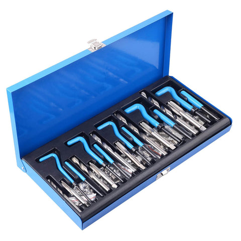 Open blue case showing All-In-One 131-Piece SAE Thread Repair Kit with HSS Drill Helicoil Inserts, taps, and tools for multiple thread sizes.