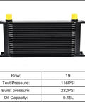 Top Shelf Slick Universal 19 Row Oil Cooler Kit With 10AN Fittings For Whip Hardlines Heavy Duty Aluminum Racing Engine Radiator Cooling Heat Dissipation Module side view showing black finned design and pressure specifications.