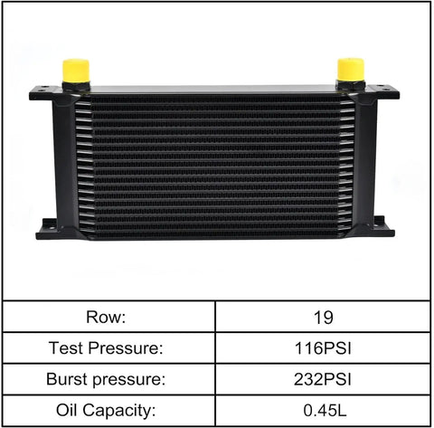 Top Shelf Slick Universal 19 Row Oil Cooler Kit With 10AN Fittings For Whip Hardlines Heavy Duty Aluminum Racing Engine Radiator Cooling Heat Dissipation Module side view showing black finned design and pressure specifications.