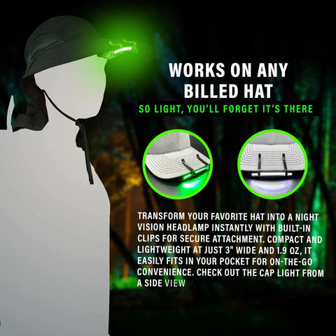 Clip On Night Vision Hat Light With AAA Power Dual LED Modes Hands Free Cap Light for versatile outdoor use