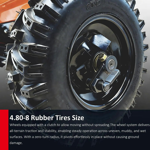 Close-up of traction rubber tire on Towable Sand And Gravel Spreader For ATV UTV, highlighting durability for heavy duty use.