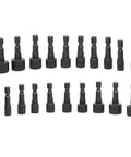 Impact Drill Nut Driver Set 20 Piece One Quarter Inch Hex Nut Driver Bits Metric And Standard Sizes Four To Twelve Millimeters And Five Thirty Second Inch To Half Inch CR V Steel Nutsetter Driver Bits arranged in two rows.