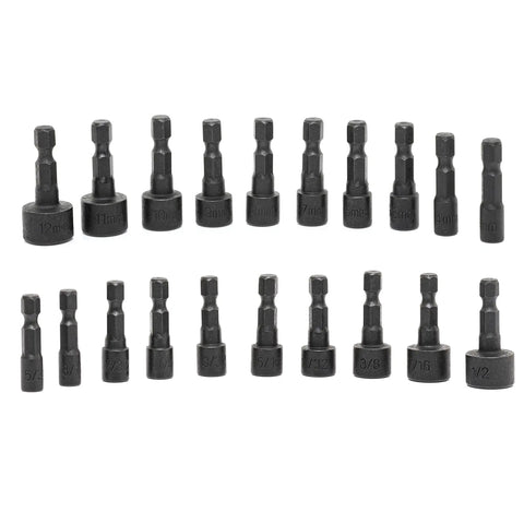 Impact Drill Nut Driver Set 20 Piece One Quarter Inch Hex Nut Driver Bits Metric And Standard Sizes Four To Twelve Millimeters And Five Thirty Second Inch To Half Inch CR V Steel Nutsetter Driver Bits arranged in two rows.