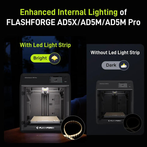 Comparison of 3D printer with and without Lit LED Light Strip For Adventurer 5M Pro 3D Printer, showing brightness difference