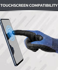 60 Pairs ANSI A7 Cut Resistant Gloves For Men And Women, Touchscreen Ready, demonstrated with a smartphone, reinforced thumb visible