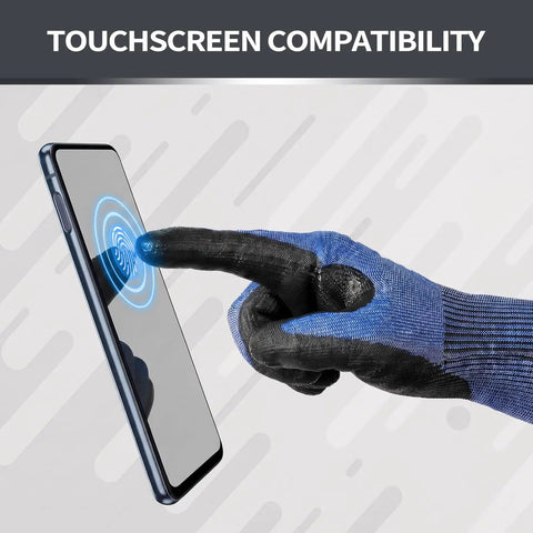 60 Pairs ANSI A7 Cut Resistant Gloves For Men And Women, Touchscreen Ready, demonstrated with a smartphone, reinforced thumb visible