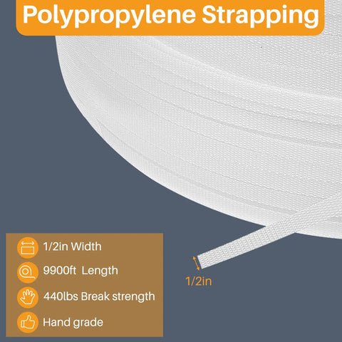 Heavy Duty White Polypropylene Strapping Roll 9900 Ft 1/2 Inch 440 Lb Tensile Strength for packing and shipping.