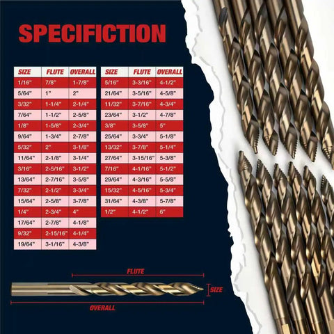 M35 Cobalt TiAlN Coated Stepped Point Drill Bit Set, 29 Pc, 1/16 to 1/2 Inch Increments, size chart and drill bit side view