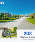 Crystal Clear 5MP PTZ Outdoor Security Camera With 20X Optical Zoom showing detailed zoom on a person walking a dog in a neighborhood.