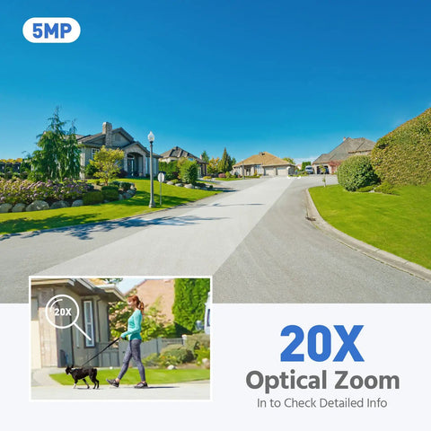 Crystal Clear 5MP PTZ Outdoor Security Camera With 20X Optical Zoom showing detailed zoom on a person walking a dog in a neighborhood.