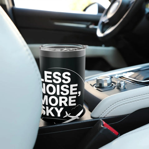 Stainless Steel Insulated Tumbler For Sailplane Pilots And Tow Crew Glider Fans in vehicle cup holder, black with text design
