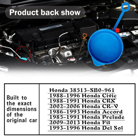 Washer Fluid Reservoir Cap Replacement For Honda Accord Civic CRV CRX Fit Easy Install Wiper Fluid Cap With Leak Proof Seal Durable Cap Compatible With 38513-SB0-961 shown on vehicle engine bay