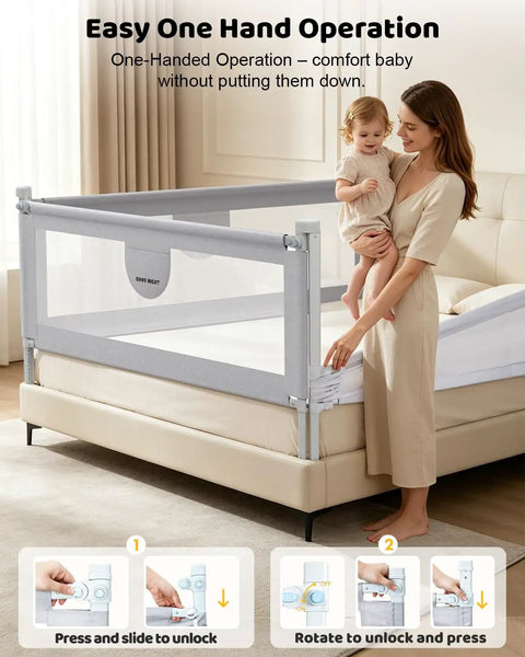 Mother demonstrating 3 Piece Queen Size Toddler Bed Rails With Pocket And 360 Wraparound Protection Kidproof Lock For Safer Sleep Guard