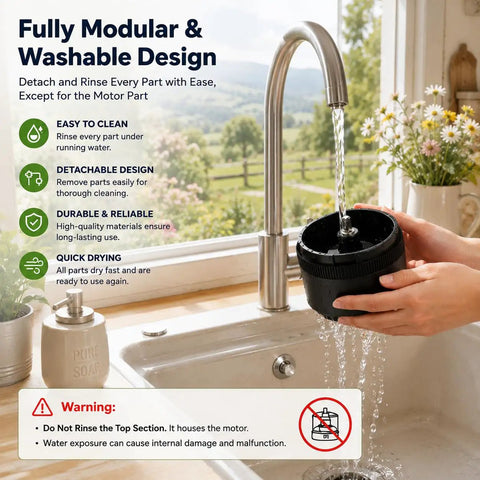 A person rinsing the Chill Cordless Coffee Grinder With 38 Adjustable Settings under running water in a kitchen sink.