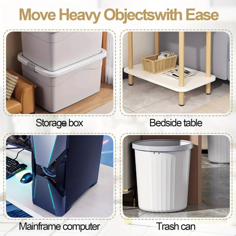 No Sweat Peel And Stick Roller Caster Pack With Hella Smooth 360 Swivel Wheels shown on storage box, bedside table, mainframe computer, trash can.