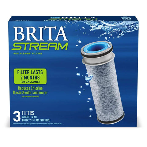 Brita Stream replacement filters box with Stream Pitcher Water Filter System for Pitchers And Dispensers, BPA free, cuts chlorine