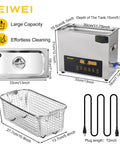 Diagram of 6L Dual Frequency Ultrasonic Cleaner With Heater And Timer, showcasing dimensions and features