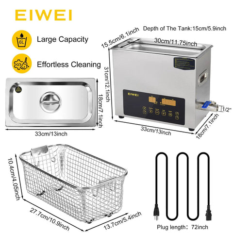 Diagram of 6L Dual Frequency Ultrasonic Cleaner With Heater And Timer, showcasing dimensions and features