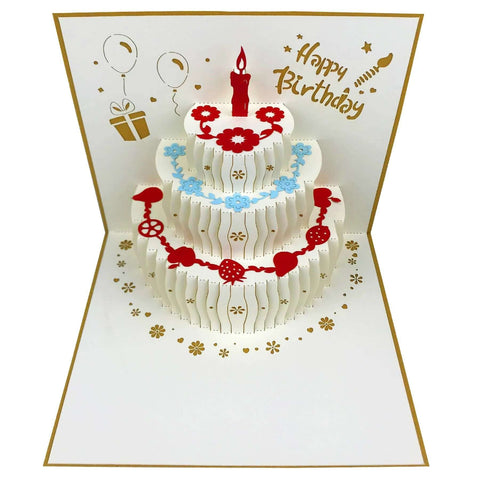 3D pop-up birthday card by Akeydeco: white tiered cake with red candle, blue floral garlands; includes envelopes.