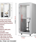Mobile Soundproof Office Pod Booth With Smooth Rolling Wheels And Auto Swing Door, showcasing features like energy-saving lamps and USB ports.