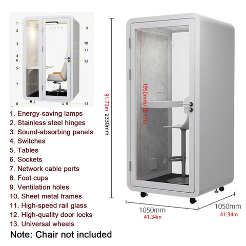 Mobile Soundproof Office Pod Booth With Smooth Rolling Wheels And Auto Swing Door, showcasing features like energy-saving lamps and USB ports.