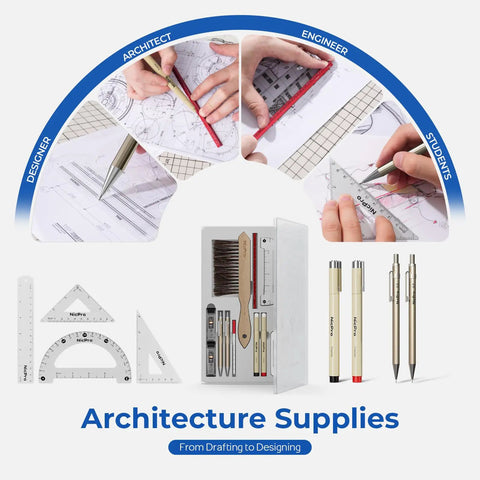 Pro Level Drafting Tools And Geometry Set 21 Piece Architecture Kit With Rugged Carry Case showing drafting instruments and tools.