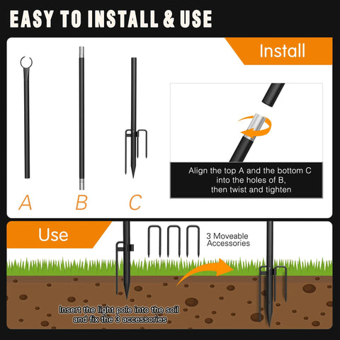 Outdoor String Light Poles 8.9ft Heavy Duty Poles With 5 Prong And Hooks installation guide showing assembly and use steps