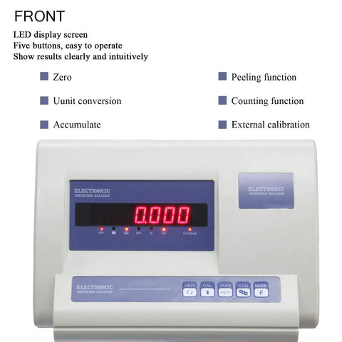 Heavy Duty Digital Floor Platform Scale With Bright Led Screen For Warehouse Shipping Stations Featuring Snappy Three Second Readings Zero Tare Counting Mode And RS232 Hookup Built Tough To Hustle Heavy Loads On Daily Shifts, showing LED display and control buttons.