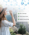 Woman drinking from portable 400ml hydrogen water bottle ionizer, text highlights benefits like rich hydrogen and small molecule water.