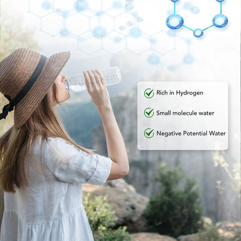 Woman drinking from portable 400ml hydrogen water bottle ionizer, text highlights benefits like rich hydrogen and small molecule water.