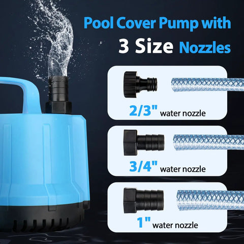 Heavy Duty Submersible Water Pump 1200 GPH 115W For Large 140 To 300 Gallon Tanks Ponds Aquariums Fountains Pools And Hydroponics With 8.2 Foot Power Cord Three Outlet Nozzles Blue with three different nozzle sizes displayed
