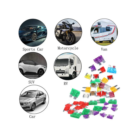 Awesome Auto Mini Blade Fuse Assortment Kit With Puller with colorful fuses and vehicles like SUV and motorcycle.