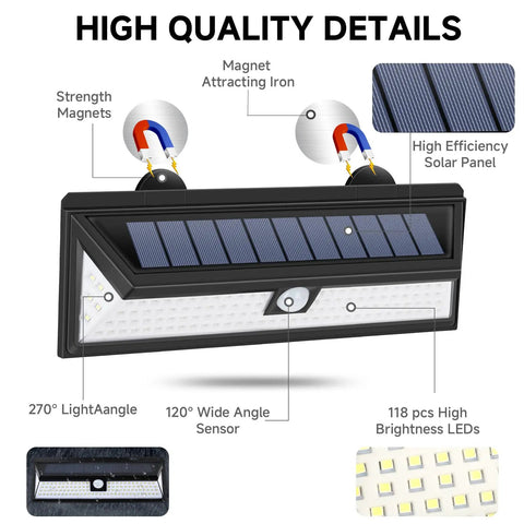 Magnetic Solar RV Light With Motion Sensor, 118 LED Ultra Bright Exterior RV Outdoor Lamp with solar panel and magnets