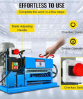 Automatic Electric Wire Stripper With 370W Motor Beast Workhorse, blue machine with blade adjusting handle and one-key switch in use.