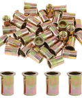 50-Piece 1/2-Inch 13 UNC Zinc Plated Carbon Steel Flat Head Rivnut Threaded Inserts piled together, showcasing their cylindrical shape and threaded interior.