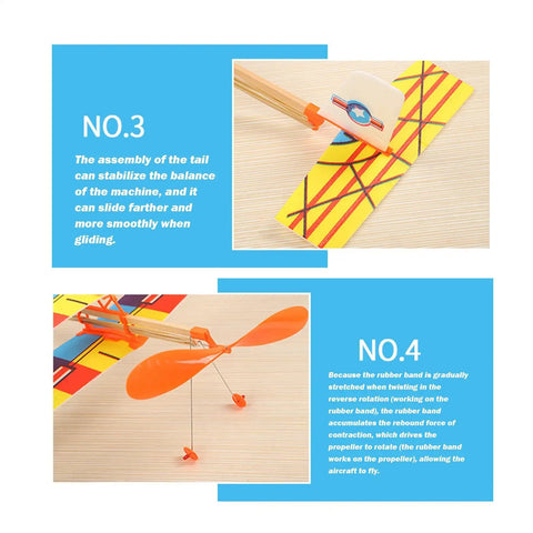 Two Pack Rubber Band Powered Balsa Wood Airplane Glider Kit For Outdoor Fun, showing tail assembly and rubber band mechanism.