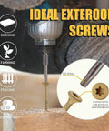 Deck Screws Kit 150 Pcs Tan Assortment With T25 Bit For Pressure Treated Lumber And Composite Decking, Rust Resistant Carbon Steel, Salt Spray Tested Over 1000 Hours, Heavy Duty Outdoor Fasteners shown driving a tan screw into wood