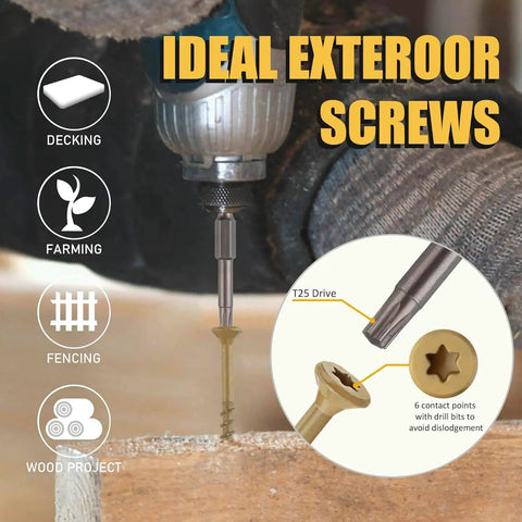 Deck Screws Kit 150 Pcs Tan Assortment With T25 Bit For Pressure Treated Lumber And Composite Decking, Rust Resistant Carbon Steel, Salt Spray Tested Over 1000 Hours, Heavy Duty Outdoor Fasteners shown driving a tan screw into wood