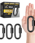 Four Pack 4 Point 2 Inch Quick Link Chain Connectors With 2800 Lbs Capacity M12 shown on palm and box packaging.