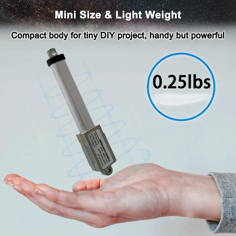 Person holding 12V Mini Electric Linear Actuator 3 Inch Stroke Beefy 188N 42lb Thrust 0.2 Inch Per Second Speed IP65 Waterproof Metal Actuator