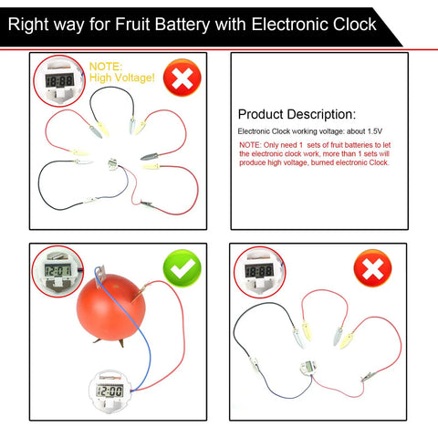 Fruit Battery Science Kit With Electronic Clock And RGB LED showing setup instructions with do's and don'ts for correct use.
