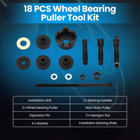 Wheel Bearing Removal And Installation Tool Kit VT102 for Harley Davidson, 18 pcs displayed with pullers, bolts, and washers.