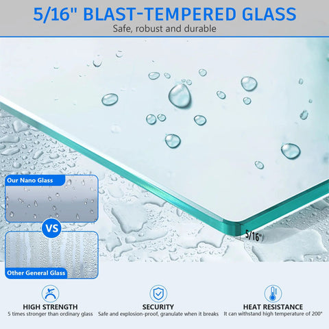 5/16 inch tempered glass detail showing water resistance for Frameless Double Sliding Shower Door With Adjustable 56 To 60 Inch Width And 76 Inch Height, 8mm Clear Tempered Safety Glass, Matte Black Stainless Steel Hardware, Reversible Left Or Right Door, Modern Bathroom Upgrade