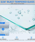 Close-up of 5/16 inch blast-tempered safety glass with water resistance comparison, highlighting durability and strength features.